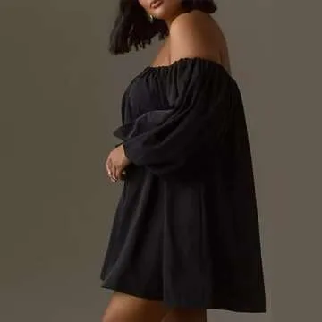 NUFIWI Women Puff Sleeve Mini Dress Off Shoulder Pleated Short Dress Lantern Sleeve Summer Casual Dresses Loose Sundress (Basic Black, S)