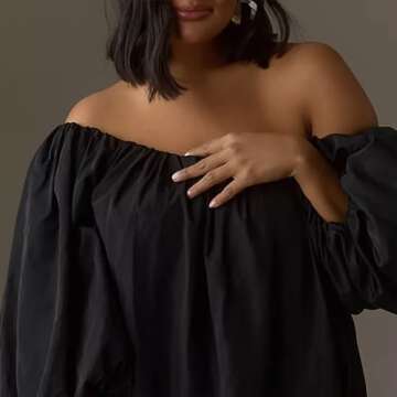 NUFIWI Women Puff Sleeve Mini Dress Off Shoulder Pleated Short Dress Lantern Sleeve Summer Casual Dresses Loose Sundress (Basic Black, S)