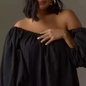 NUFIWI Women Puff Sleeve Mini Dress Off Shoulder Pleated Short Dress Lantern Sleeve Summer Casual Dresses Loose Sundress (Basic Black, S)