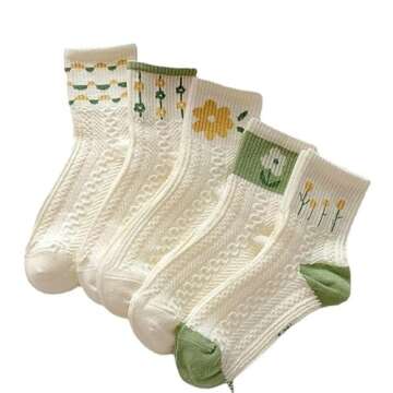 Flixxo 5 Pair Cute Women's Cottagecore Lace Ruffle Ankle Socks - Cable Knit Cotton Coquette Aestheti...