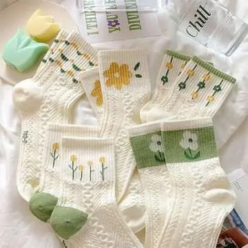Flixxo 5 Pair Cute Women's Cottagecore Lace Ruffle Ankle Socks - Cable Knit Cotton Coquette Aesthetic Socks (Green, Onesize)