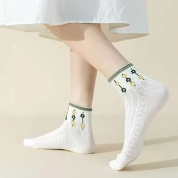 Flixxo 5 Pair Cute Women's Cottagecore Lace Ruffle Ankle Socks - Cable Knit Cotton Coquette Aesthetic Socks (Green, Onesize)