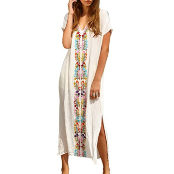 Vibrant Embroidered Women's Beach Cover-Up Kaftan Dress