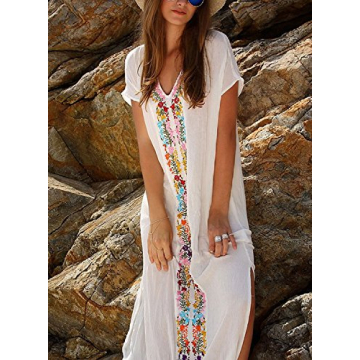 Vibrant Embroidered Women's Beach Cover-Up Kaftan Dress
