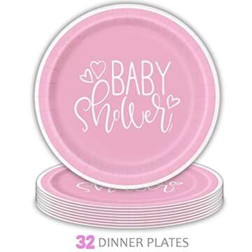 Pink Baby Girl Shower Party Supplies for 32 Guests Includes: Paper Plates, Luncheon Napkins, 16 oz Cups, Classy and Stylish Light Pink Design