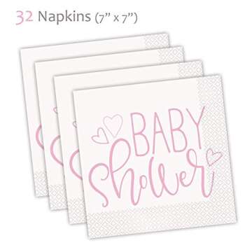 Pink Baby Girl Shower Party Supplies for 32 Guests Includes: Paper Plates, Luncheon Napkins, 16 oz Cups, Classy and Stylish Light Pink Design