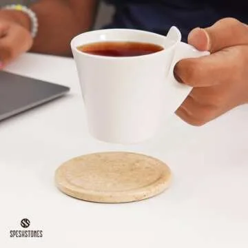 SPESHSTONES Coaster Set with Holder 3.5'' Inches Travetine Round Handmade Drink Coasters for Coffee ...