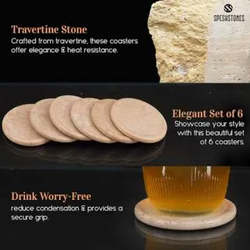 SPESHSTONES Coaster Set with Holder 3.5'' Inches Travetine Round Handmade Drink Coasters for Coffee Table Decor - Coasters for Drink, Coaster Set of 6 for Kitchen Tabletop and Home Decor
