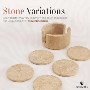 SPESHSTONES Coaster Set with Holder 3.5'' Inches Travetine Round Handmade Drink Coasters for Coffee Table Decor - Coasters for Drink, Coaster Set of 6 for Kitchen Tabletop and Home Decor