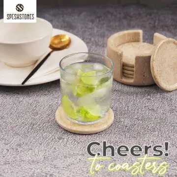 SPESHSTONES Coaster Set with Holder 3.5'' Inches Travetine Round Handmade Drink Coasters for Coffee Table Decor - Coasters for Drink, Coaster Set of 6 for Kitchen Tabletop and Home Decor
