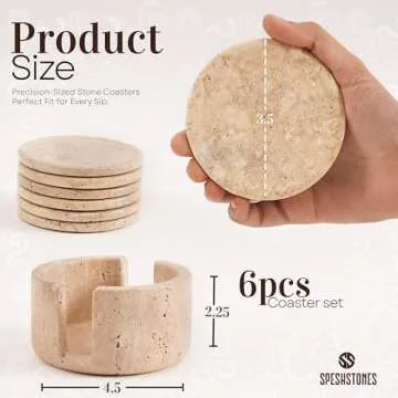 SPESHSTONES Coaster Set with Holder 3.5'' Inches Travetine Round Handmade Drink Coasters for Coffee Table Decor - Coasters for Drink, Coaster Set of 6 for Kitchen Tabletop and Home Decor