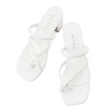 Shoe'N Tale Low Heels for Women Chunky Block Heel Toe-ring Heeled Sandals Square Toe Slip On Slides(7,White)
