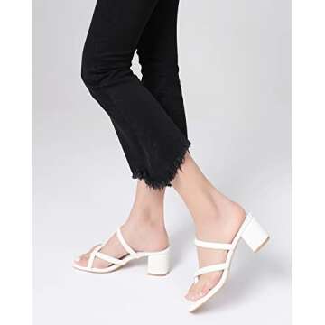 Shoe'N Tale Low Heels for Women Chunky Block Heel Toe-ring Heeled Sandals Square Toe Slip On Slides(7,White)