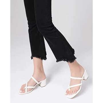 Shoe'N Tale Low Heels for Women Chunky Block Heel Toe-ring Heeled Sandals Square Toe Slip On Slides(7,White)