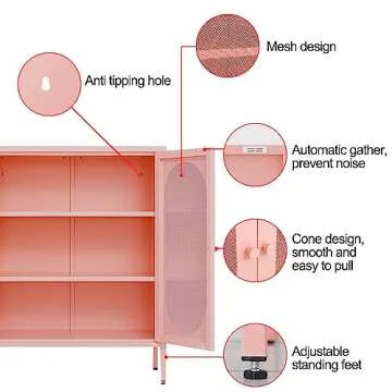 Fumedo 2 Mesh Door Metal Storage Cabinet for Bed Room,Living Room,Home,Hotel,Office,Garage,Kitchen,3-Tier,2 Removable Shelves (Mesh Door Cabinet, Pink)