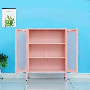 Fumedo 2 Mesh Door Metal Storage Cabinet for Bed Room,Living Room,Home,Hotel,Office,Garage,Kitchen,3-Tier,2 Removable Shelves (Mesh Door Cabinet, Pink)