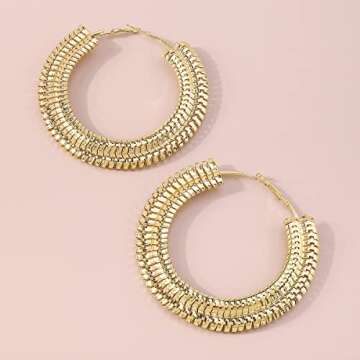 RELOVET Extra Large Chunky Cuban Hoop Earrings Geometric Double Layered Round Loop Boho Earrings for Women Prom Party Festival Jewelry (80mm gold)
