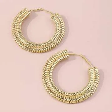 RELOVET Extra Large Chunky Cuban Hoop Earrings Geometric Double Layered Round Loop Boho Earrings for Women Prom Party Festival Jewelry (80mm gold)