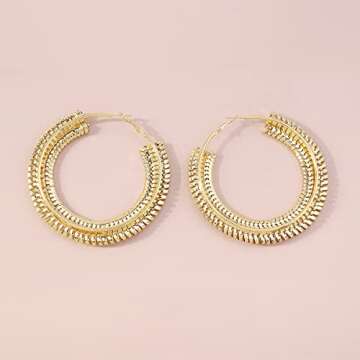 RELOVET Extra Large Chunky Cuban Hoop Earrings Geometric Double Layered Round Loop Boho Earrings for Women Prom Party Festival Jewelry (80mm gold)