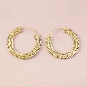RELOVET Extra Large Chunky Cuban Hoop Earrings Geometric Double Layered Round Loop Boho Earrings for Women Prom Party Festival Jewelry (80mm gold)