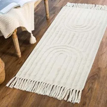 LEEVAN Boho Kitchen Runner Rug 2'x4' Cotton Laundry Room Rug Beige Rainbow Rug with Tassels Washable Farmhouse Bathroom Rugs Runner Bohemian Rugs for Bedroom Hallway Throw Runner Rug/Kitchen Sink