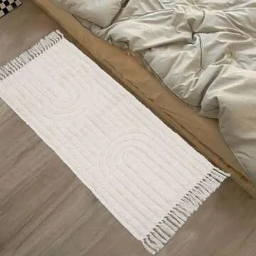 LEEVAN Boho Kitchen Runner Rug 2'x4' Cotton Laundry Room Rug Beige Rainbow Rug with Tassels Washable Farmhouse Bathroom Rugs Runner Bohemian Rugs for Bedroom Hallway Throw Runner Rug/Kitchen Sink