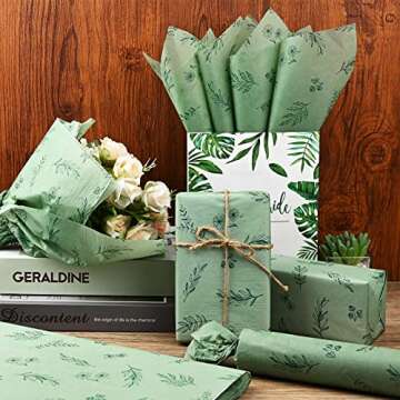 Bolsome 100 Sheets 20 * 14 Inches Botanical Print Tissue Paper for Gift Wrapping, Green Leaves Tissue Paper for Gift Bags Sage Green Boho Tissue for Birthday Wedding Baby Shower DIY Craft