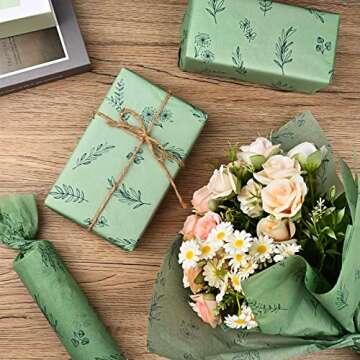 Bolsome 100 Sheets 20 * 14 Inches Botanical Print Tissue Paper for Gift Wrapping, Green Leaves Tissue Paper for Gift Bags Sage Green Boho Tissue for Birthday Wedding Baby Shower DIY Craft