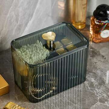 WIWIUXY Qtips Holder Bathroom Container,3-Section Cotton Ball/Swabs Dispenser,3 Grids Apothecary Jar Organizer, Cosmetics Storage for Vanity
