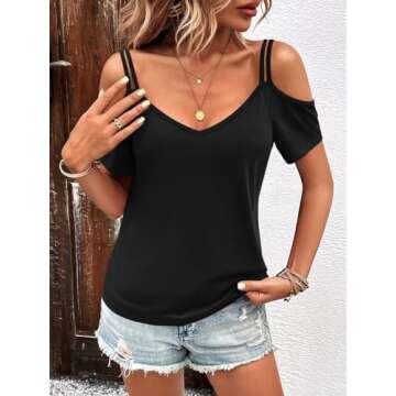 Eachyes Womens Summer Cold Shoulder Tops Low Back Short Sleeve V Neck T Shirts Sexy Casual A Black X...