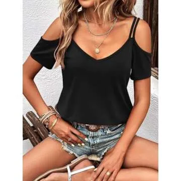 Eachyes Womens Summer Cold Shoulder Tops Low Back Short Sleeve V Neck T Shirts Sexy Casual A Black X-Large