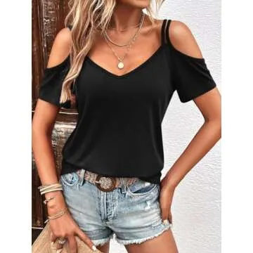 Eachyes Womens Summer Cold Shoulder Tops Low Back Short Sleeve V Neck T Shirts Sexy Casual A Black X-Large