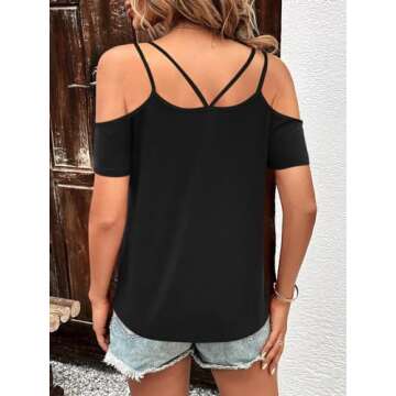 Eachyes Womens Summer Cold Shoulder Tops Low Back Short Sleeve V Neck T Shirts Sexy Casual A Black X-Large