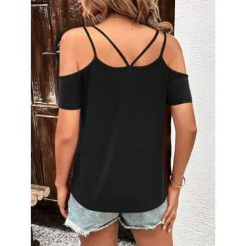 Eachyes Womens Summer Cold Shoulder Tops Low Back Short Sleeve V Neck T Shirts Sexy Casual A Black X-Large