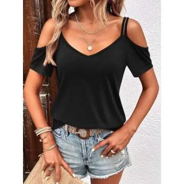 Eachyes Womens Summer Cold Shoulder Tops Low Back Short Sleeve V Neck T Shirts Sexy Casual A Black X-Large
