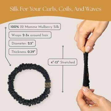 Authentic Mulberry Silk Scrunchies for Women, Anti Breakage Hair Ties for Curly Thick & Thin Hair, No Dent, No Pull, 100% Silk for Buns, Ponytail Holders & Sleeping, Onyx Black Color (1xl-4x skinny)