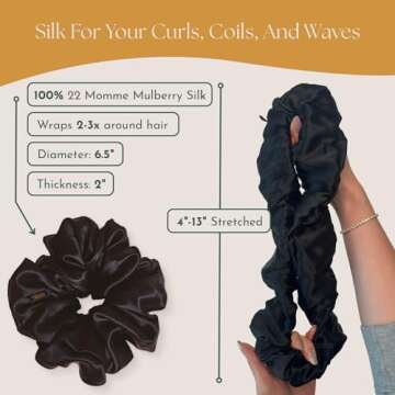 Authentic Mulberry Silk Scrunchies for Women, Anti Breakage Hair Ties for Curly Thick & Thin Hair, No Dent, No Pull, 100% Silk for Buns, Ponytail Holders & Sleeping, Onyx Black Color (1xl-4x skinny)