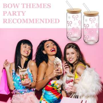 Coquette Bow Aesthetic Cup with Clear Gift Bag, Glass Cups with Lids and Straws, 16 oz Iced Coffee Smoothie, Beer Glass Cup Tumbler Trendy Glass Cup for Girls Bestfriend Sister Girlfriend (Pink Bow)