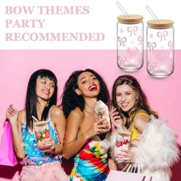 Coquette Bow Aesthetic Cup with Clear Gift Bag, Glass Cups with Lids and Straws, 16 oz Iced Coffee Smoothie, Beer Glass Cup Tumbler Trendy Glass Cup for Girls Bestfriend Sister Girlfriend (Pink Bow)