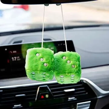 YGMONER Pink Fuzzy Dice for Rear View Mirror, Pair of 2.75" Plush Dice Retro Hanging Ornaments Car Interior Rearview Mirror Decor Accessories (Green)