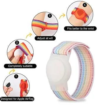 AirTag Bracelet for Kids, Apple Air Tag Protective Cover with Nylon Wristband, Anti Lost GPS Trackers Case Cover Elastic Watch Band for Toddlers Girls Boys Elders (Light Rainbow)