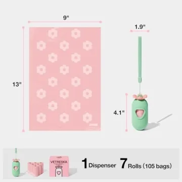 VETRESKA Dog Poop Bags with Dispenser, Lavender Scented, Guaranteed Leak Proof and Extra Thick Pet Waste Bags for Walking Dog and Cats Litter, 1 Bag Holder and 105 Bags (7 Refill Rolls)