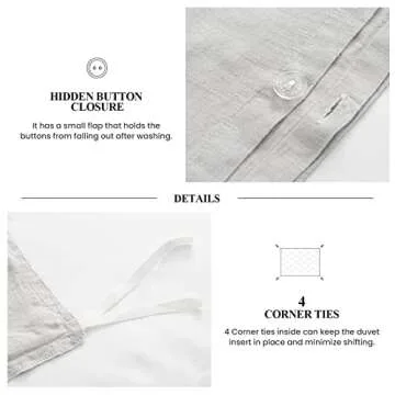 Simple&Opulence 100% Linen Duvet Cover Set Comforter King Size (104" x 92")-3pcs French Washed Flax Textured Soft Bedding with Striped Detail, 1 Duvet Cover and 2 Pillowcases (Grey)