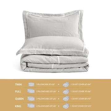 Simple&Opulence 100% Linen Duvet Cover Set Comforter King Size (104" x 92")-3pcs French Washed Flax Textured Soft Bedding with Striped Detail, 1 Duvet Cover and 2 Pillowcases (Grey)