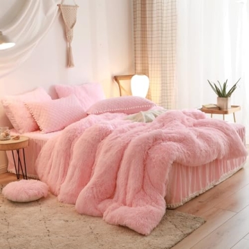 HAIHUA Fluffy Pink Comforter Cover Queen Set for Stylish Comfort