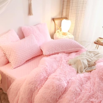 HAIHUA Fluffy Pink Comforter Cover Queen Set for Stylish Comfort