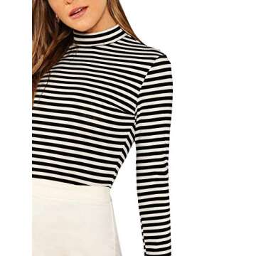 Floerns Women's Mock Turtleneck Long Sleeve Slim Fit Stretch Striped T-Shirts Tunic Tops Fall Fashion Trendy Outfits Clothes