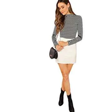 Floerns Women's Mock Turtleneck Long Sleeve Slim Fit Stretch Striped T-Shirts Tunic Tops Fall Fashion Trendy Outfits Clothes