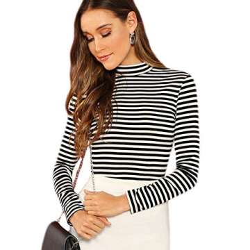 Floerns Women's Mock Turtleneck Long Sleeve Slim Fit Stretch Striped T-Shirts Tunic Tops Fall Fashion Trendy Outfits Clothes