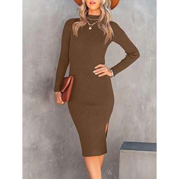 WONETA Sweater Dress for Women 2023 Elegant Mock Neck Long Sleeve Ribbed Knit Slim Fit Sexy Midi Bodycon Fall Winter Outfits Wedding Guest Dresses HZW-7-W308-zongtuo-L Brown
